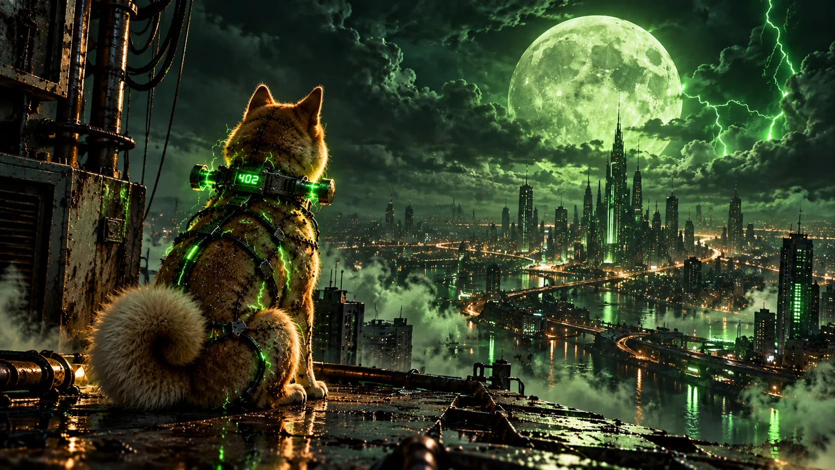 Frankinu on a rooftop above the city, outside the lab