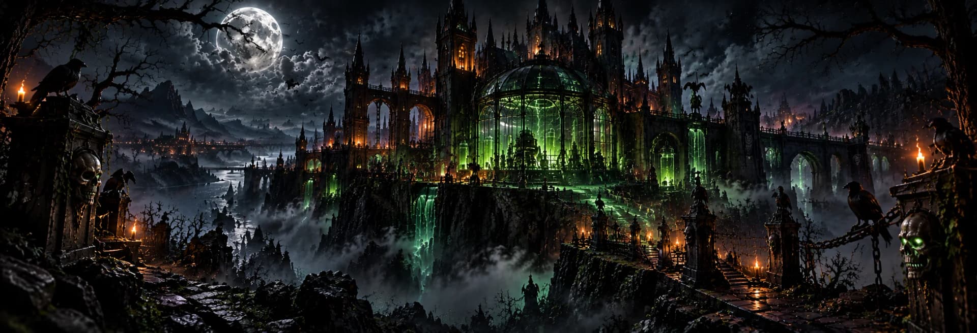 The Frankinu castle-lab on a cliff under the full moon, its glass dome glowing green