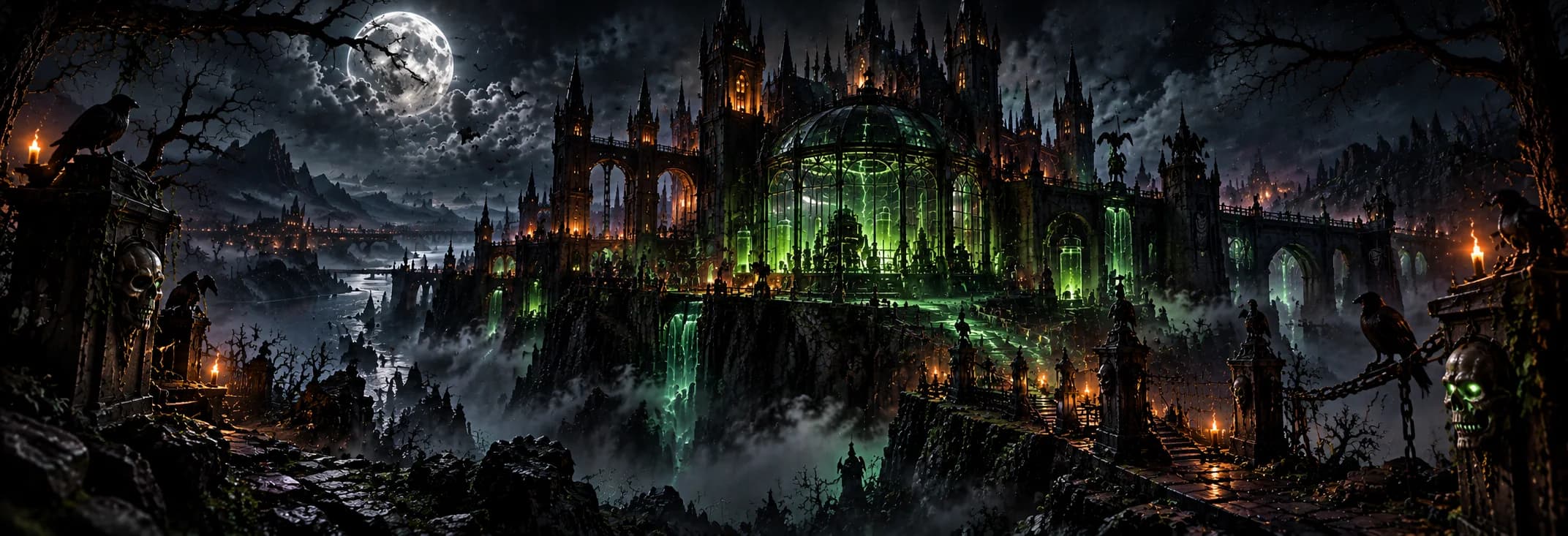 The Frankinu castle-lab on a cliff under the full moon, its glass dome glowing green
